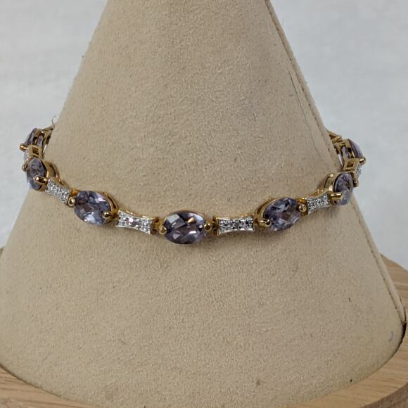 Sterling 925 Gold Vermeil Lab Purple Sapphire & CZ Link Bracelet 7" Oval Cut - Picture 2 of 5